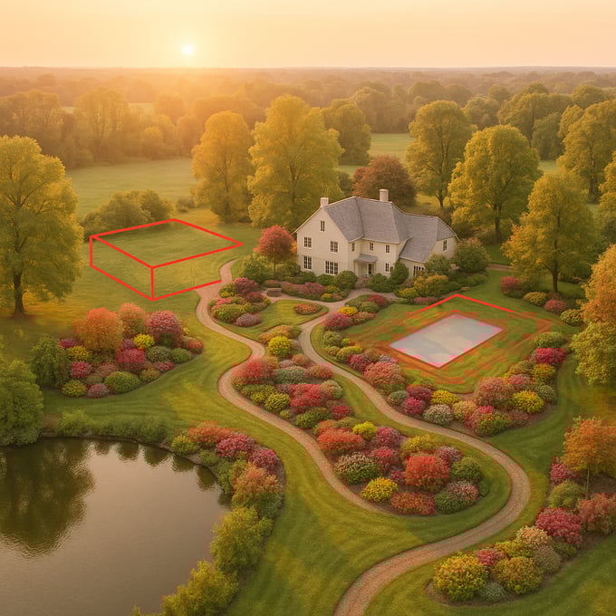 The image captures an aerial view of a sprawling property showcasing vibrant landscaping changes marked with red outlines of a new out building and a