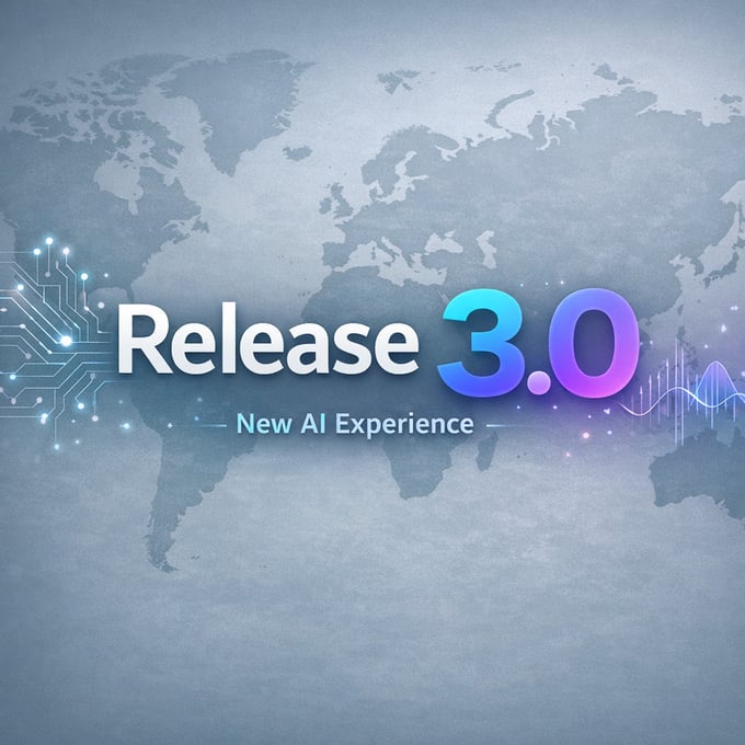 create an image for version 30 release focusing on a new AI experience  Create a simple visual with text of Release 30 and have a muted map in the bac