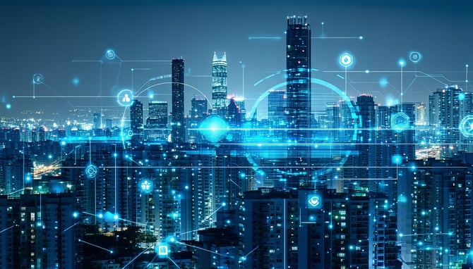 A futuristic city skyline with digital data overla