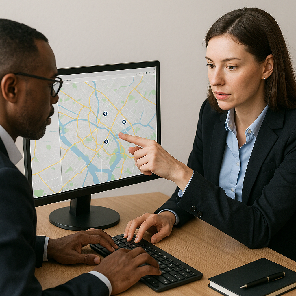 Two people working over a computer businesslike and professional They are using an app for mapping