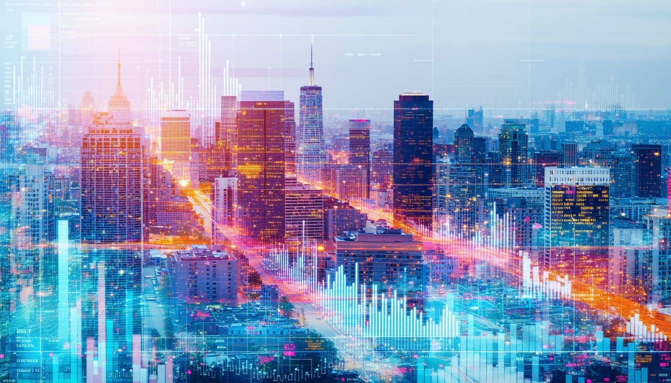 A modern cityscape overlaid with colorful, data-dr